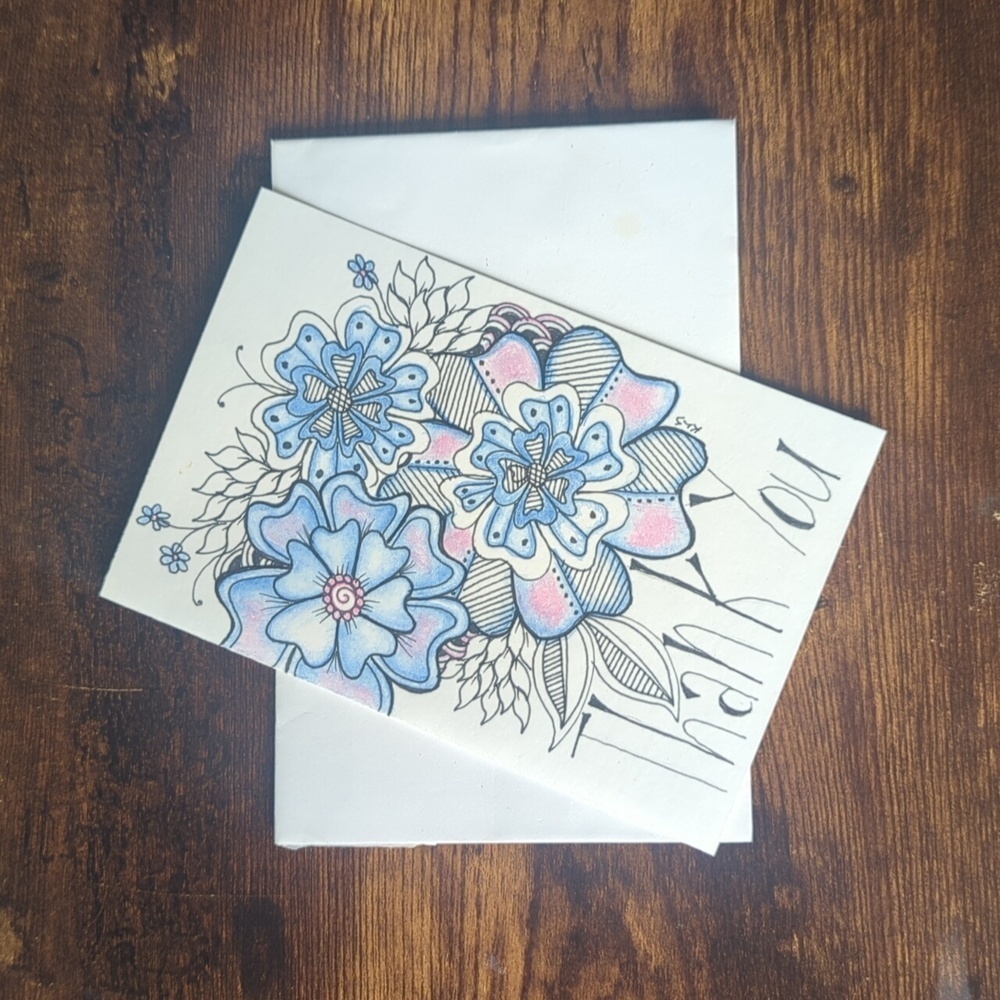 🌻 5/$20 Handmade Floral Zentangle Thank You Card- Blue, Pink & Black